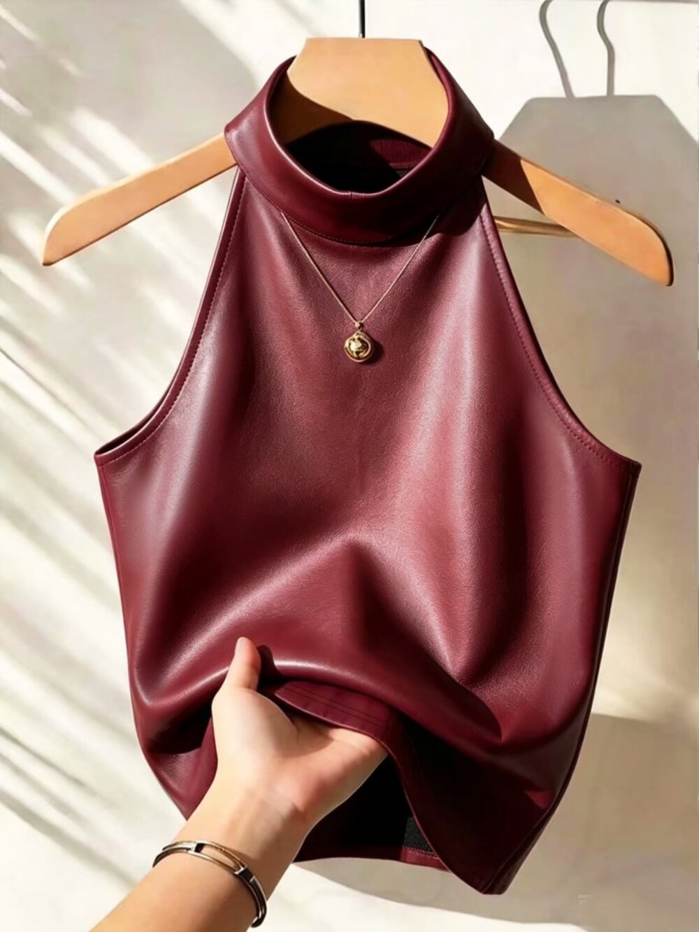 Burgundy Casual Women's Fabric Halter Top